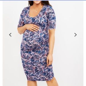Maternity Dress fitted‎ pink blue bodycon size small elbow sleeve